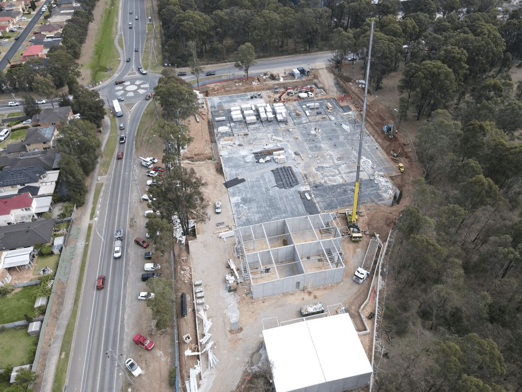 Aerial shot of warehouse units in Prestons under construction