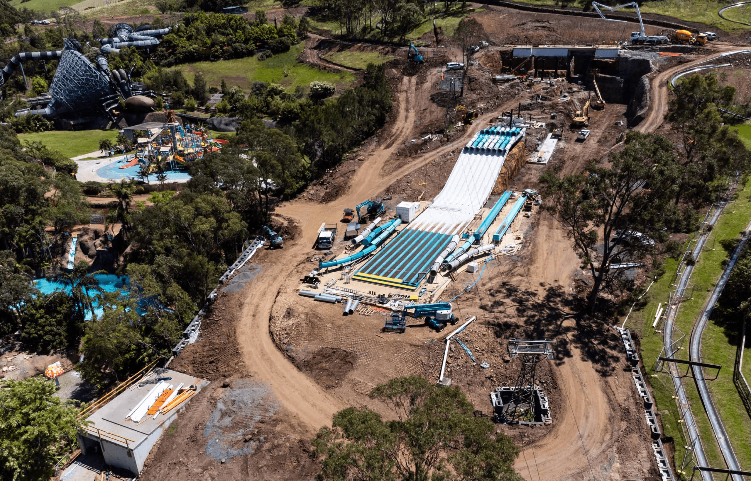 Aerial shot of Jamberoo Action Park waterslide in construction
