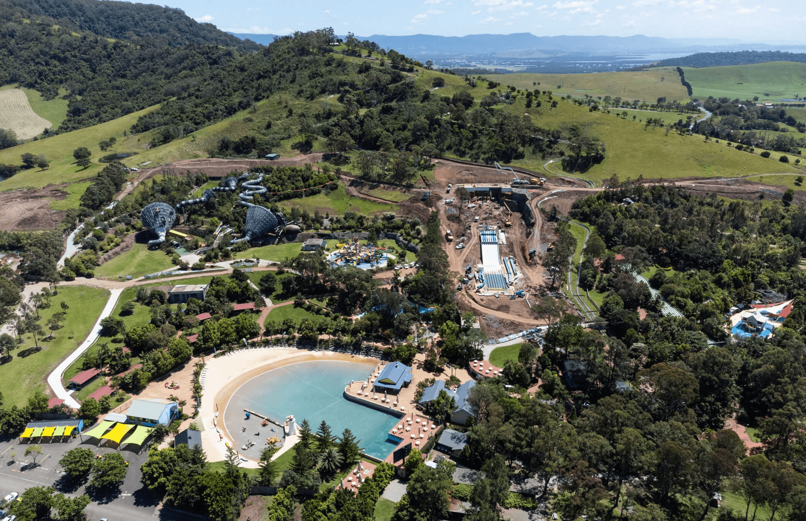 Aerial shot of Jamberoo Action Park waterslide in construction