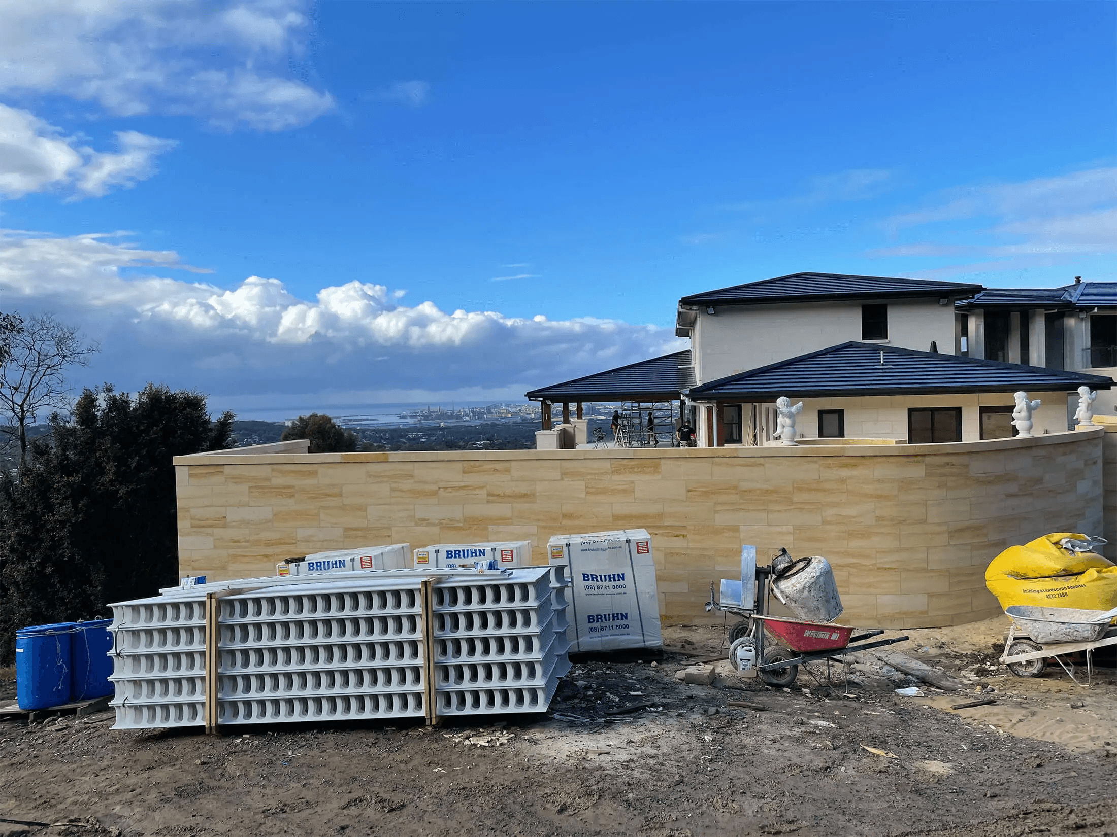 Illawarra mansion side shot showing retaining wall and AFS Rediwall ready to install