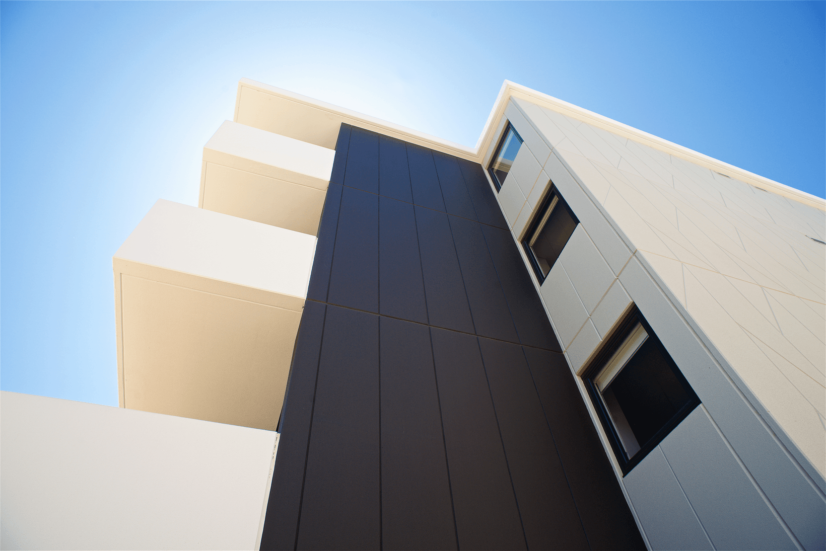 Schofields Gardens PowerPattern facade looking up at the sky